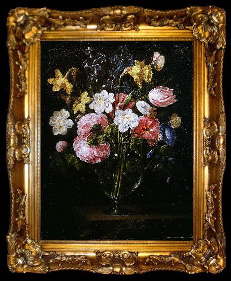 framed  Juan de Arellano Clematis, a Tulip and other flowers in a Glass Vase on a wooden Ledge with a Butterfly, ta009-2